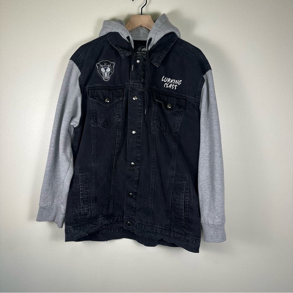 LURKING CLASS XXL Men Grunge Streetwear Black and Gray Patch Denim Hoodie Jacket